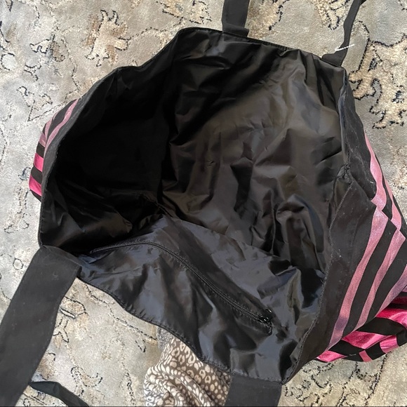 Victoria's Secret Overnight Canvas Purse Metallic Pink w/ Black Stripes Tote - Picture 10 of 13